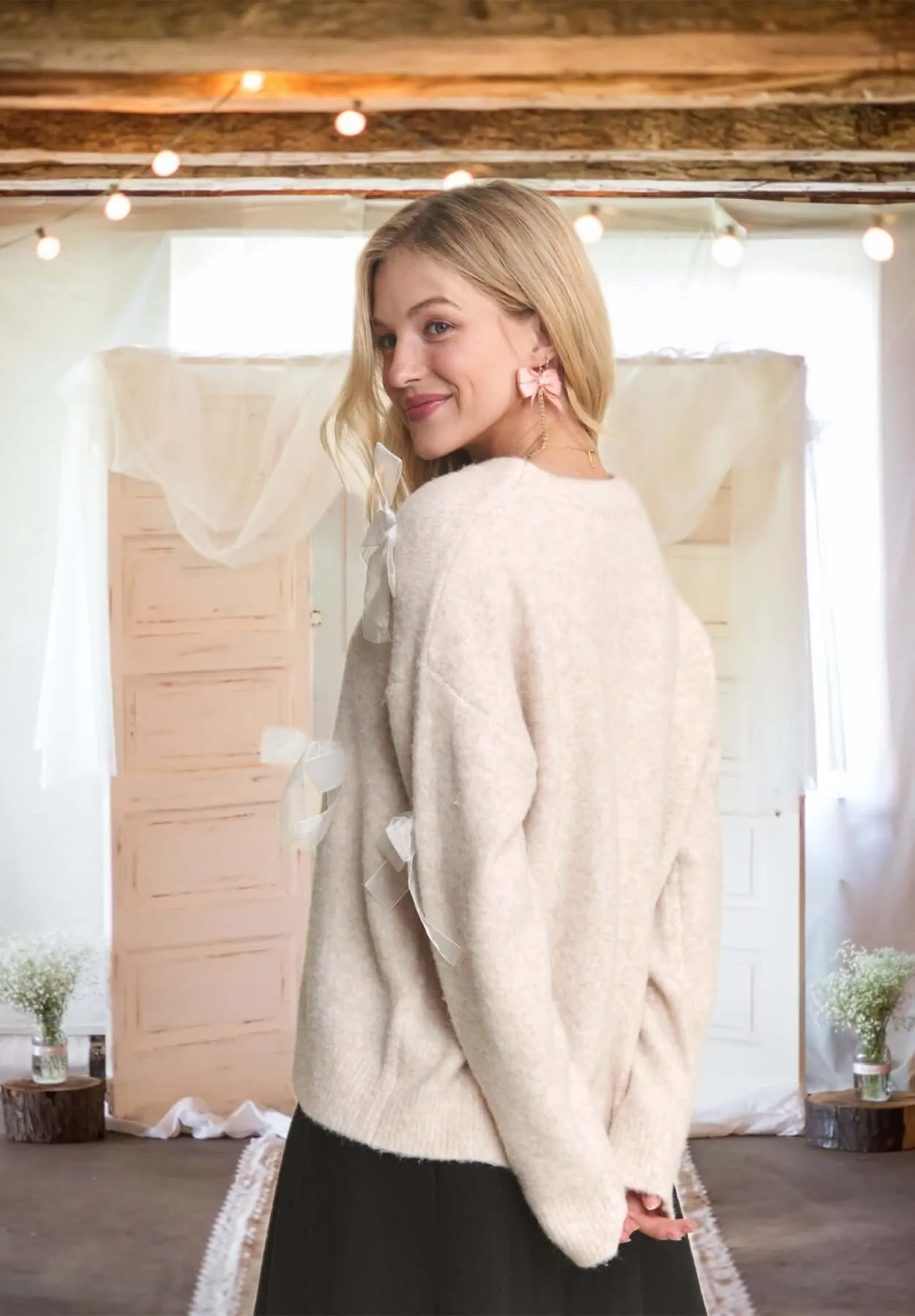 A-Bow-T Face! Bow Front Sweater in Oatmeal and Ivory