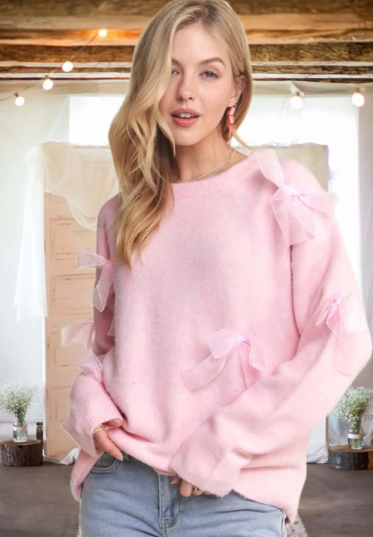 A-Bow-T Face! Bow Front Sweater in Pink