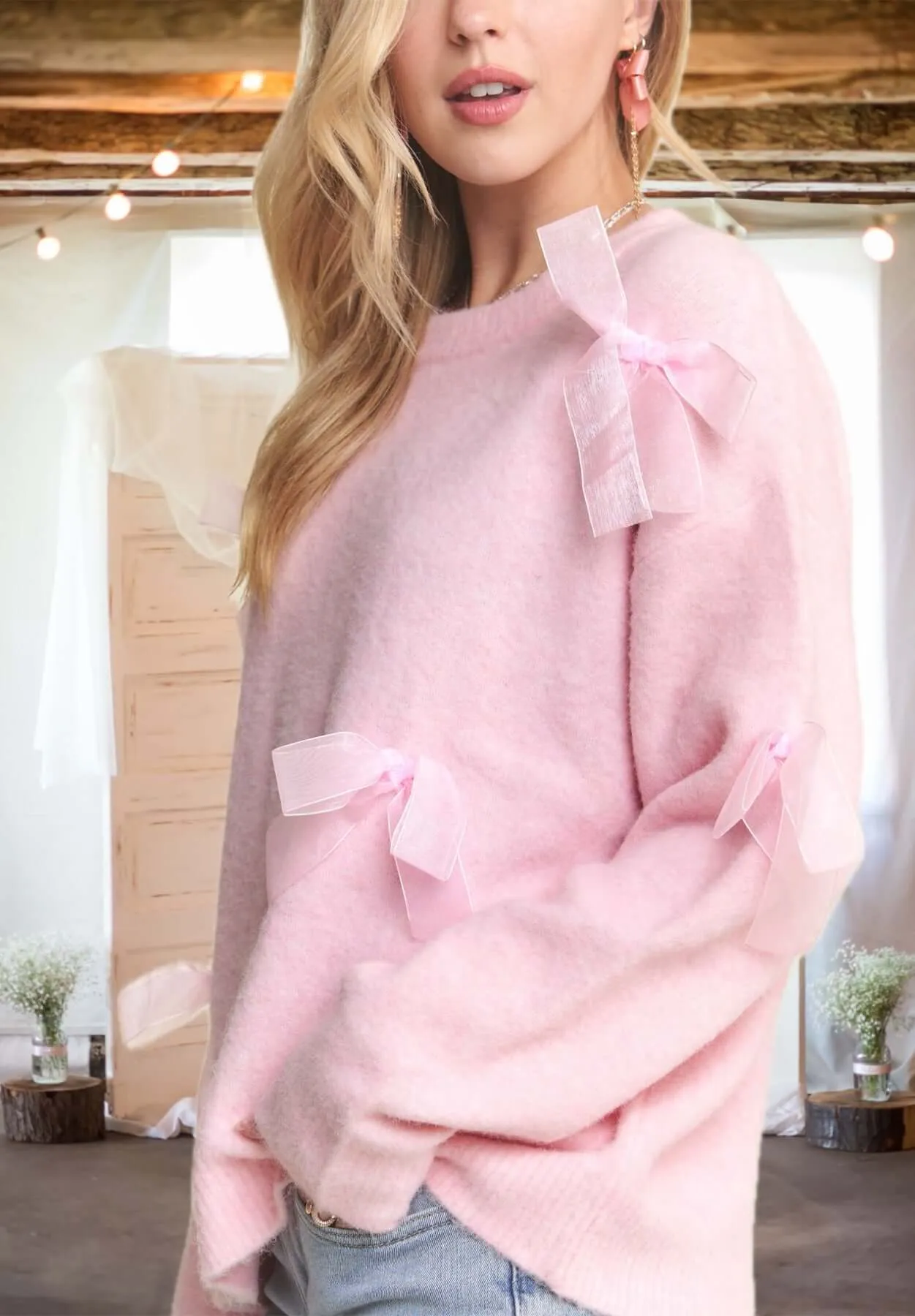 A-Bow-T Face! Bow Front Sweater in Pink