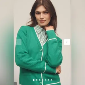 Anthropologie Green Cardigan with White Trim