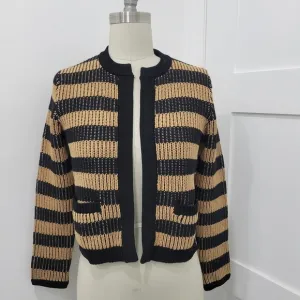Banana Republic Women's Jacquard Black &amp; Tan Striped Open Sweater Jacket  Size S