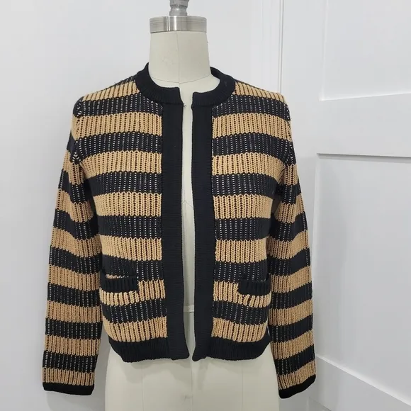 Banana Republic Women's Jacquard Black &amp; Tan Striped Open Sweater Jacket  Size S
