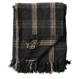 Black Plaid Woven Fringe Blanket