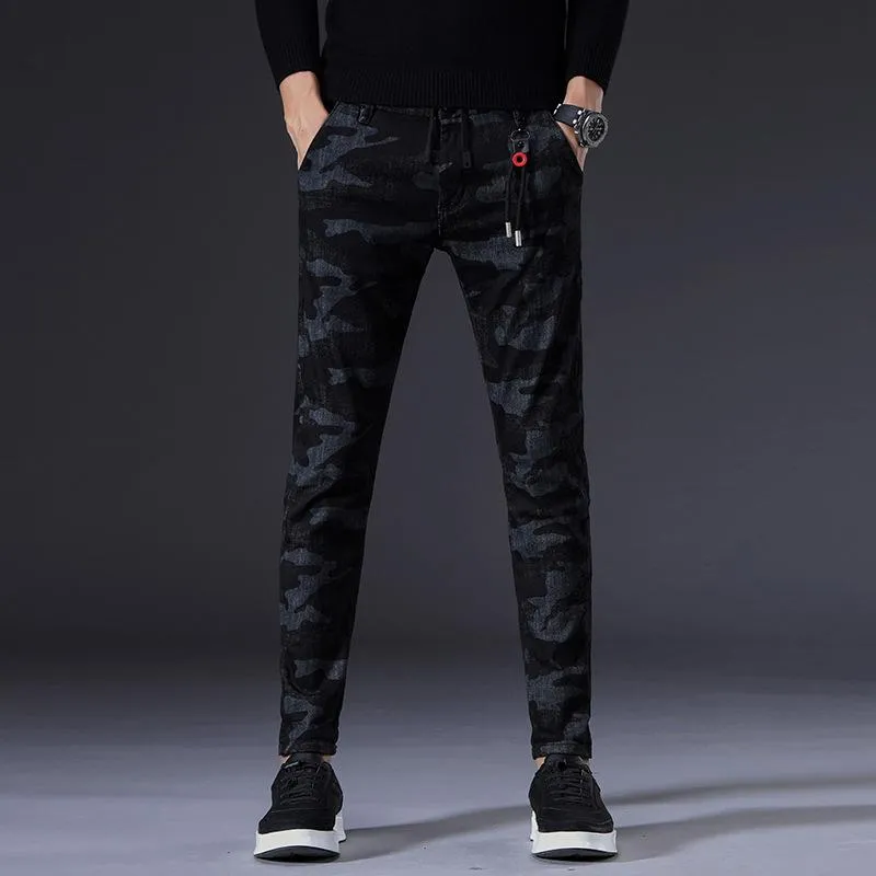 Black Textured Slim Fit Jogger Jeans For Men - Fashion Skinny Cotton Sweatpants Zipper with Pockets