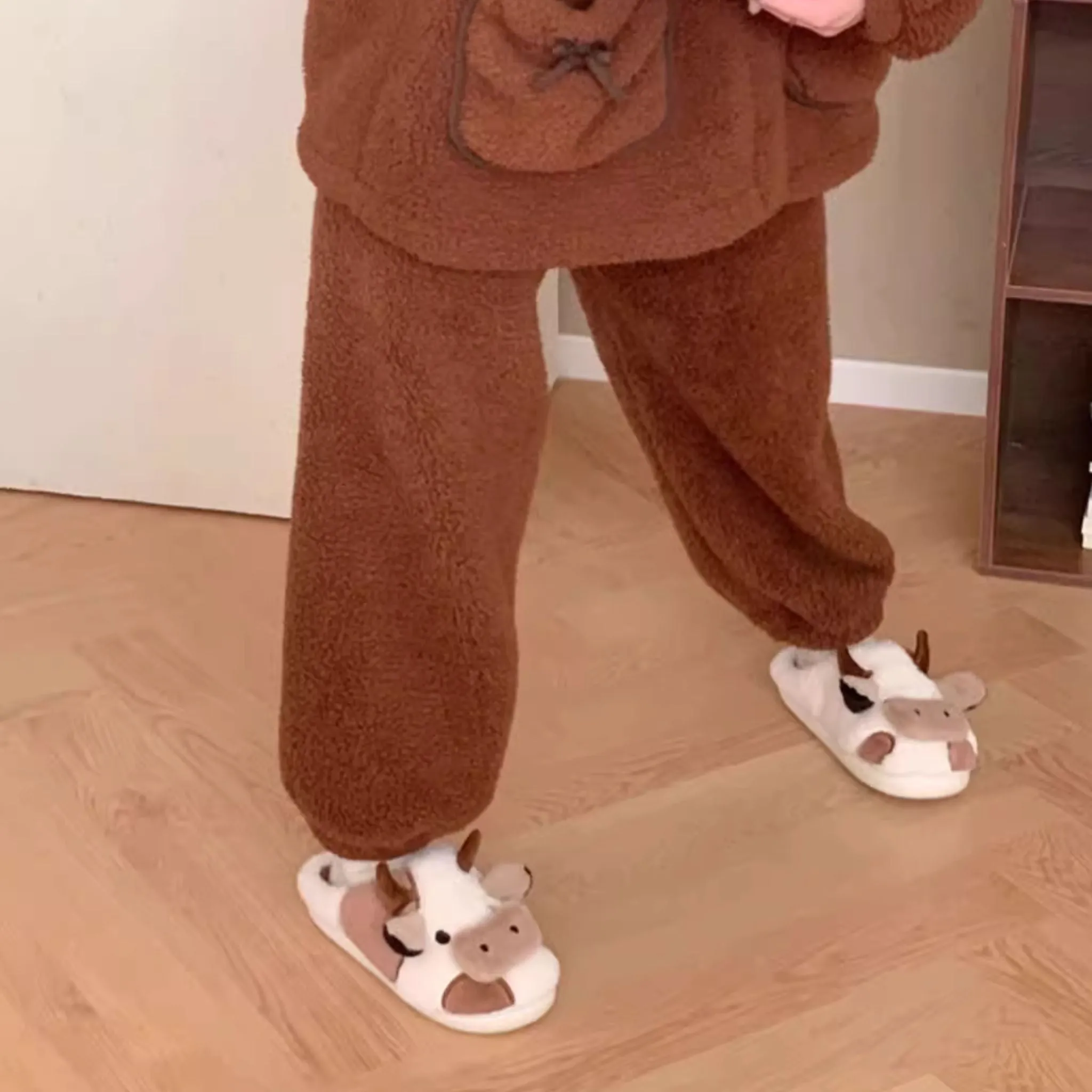 Brown Cow Fluffy Cute Lounge Slippers