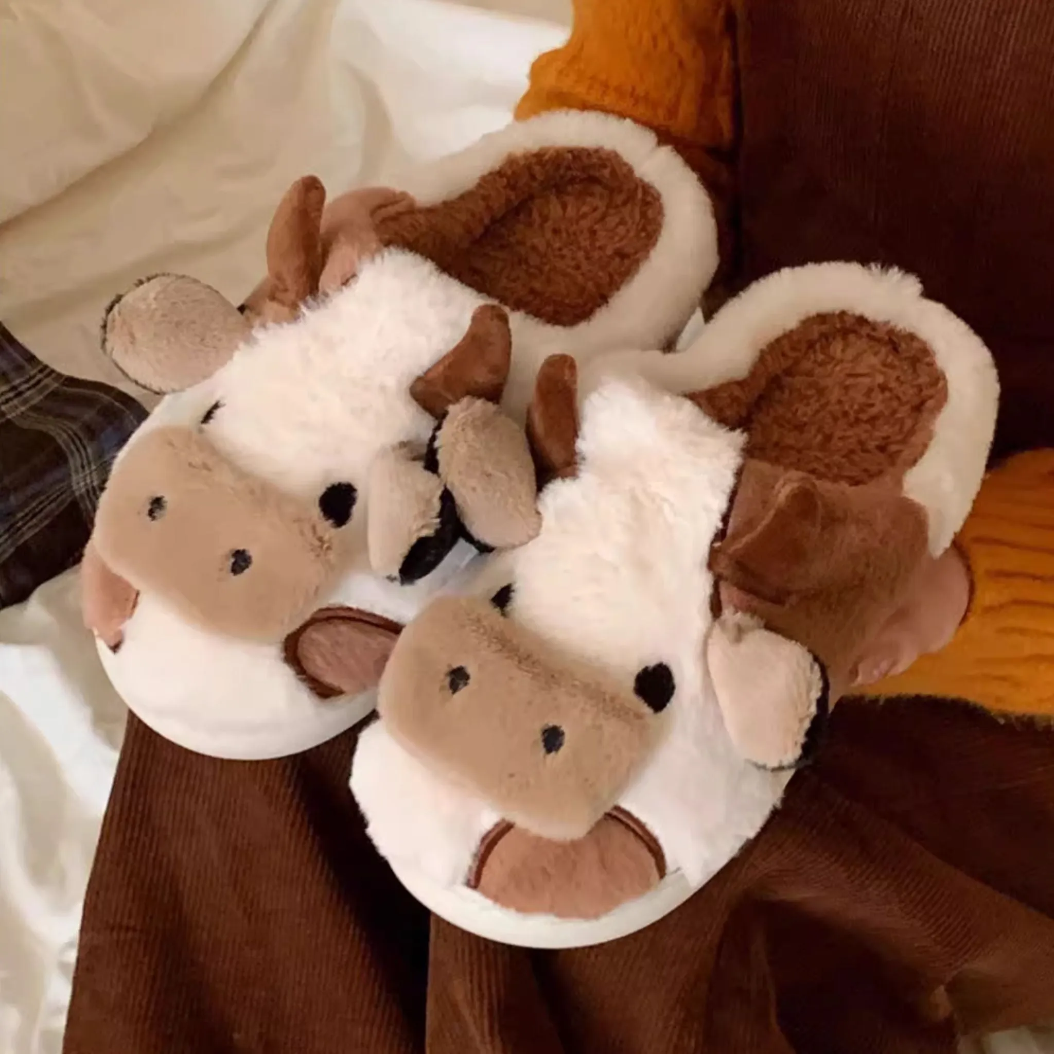 Brown Cow Fluffy Cute Lounge Slippers
