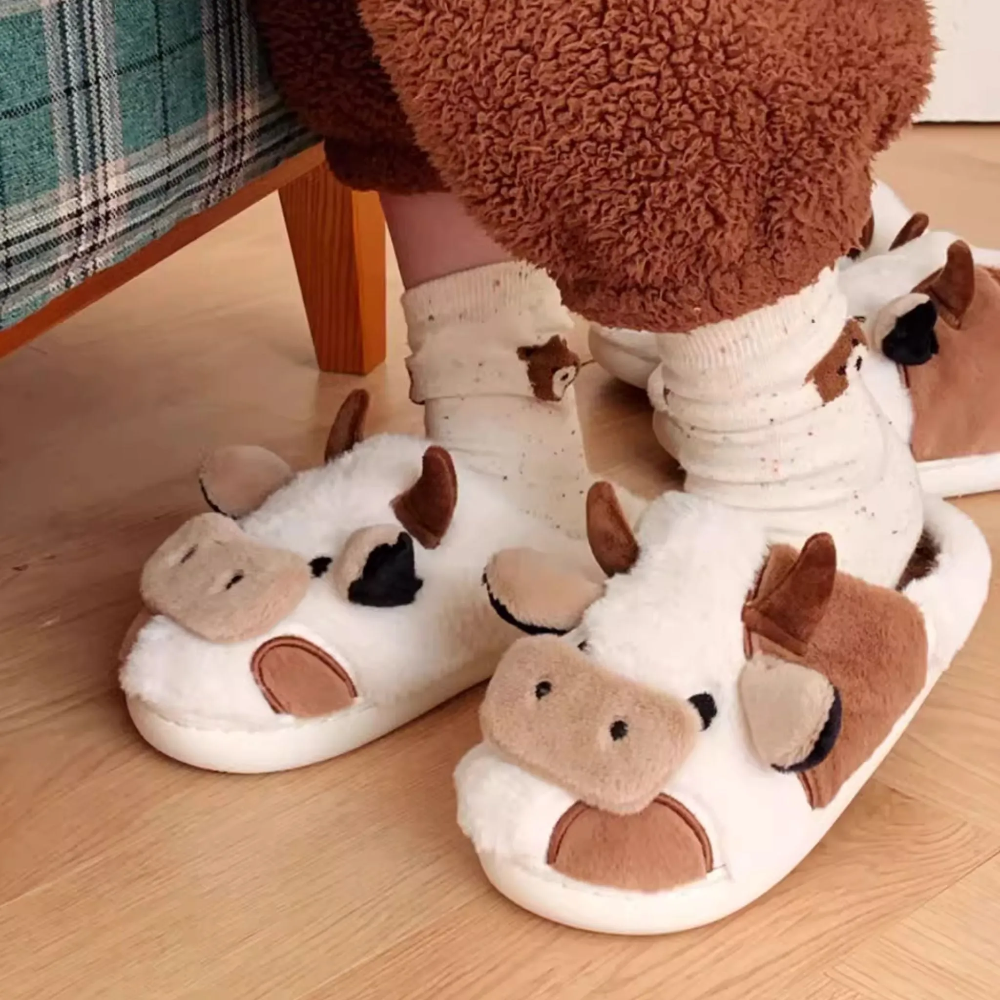 Brown Cow Fluffy Cute Lounge Slippers