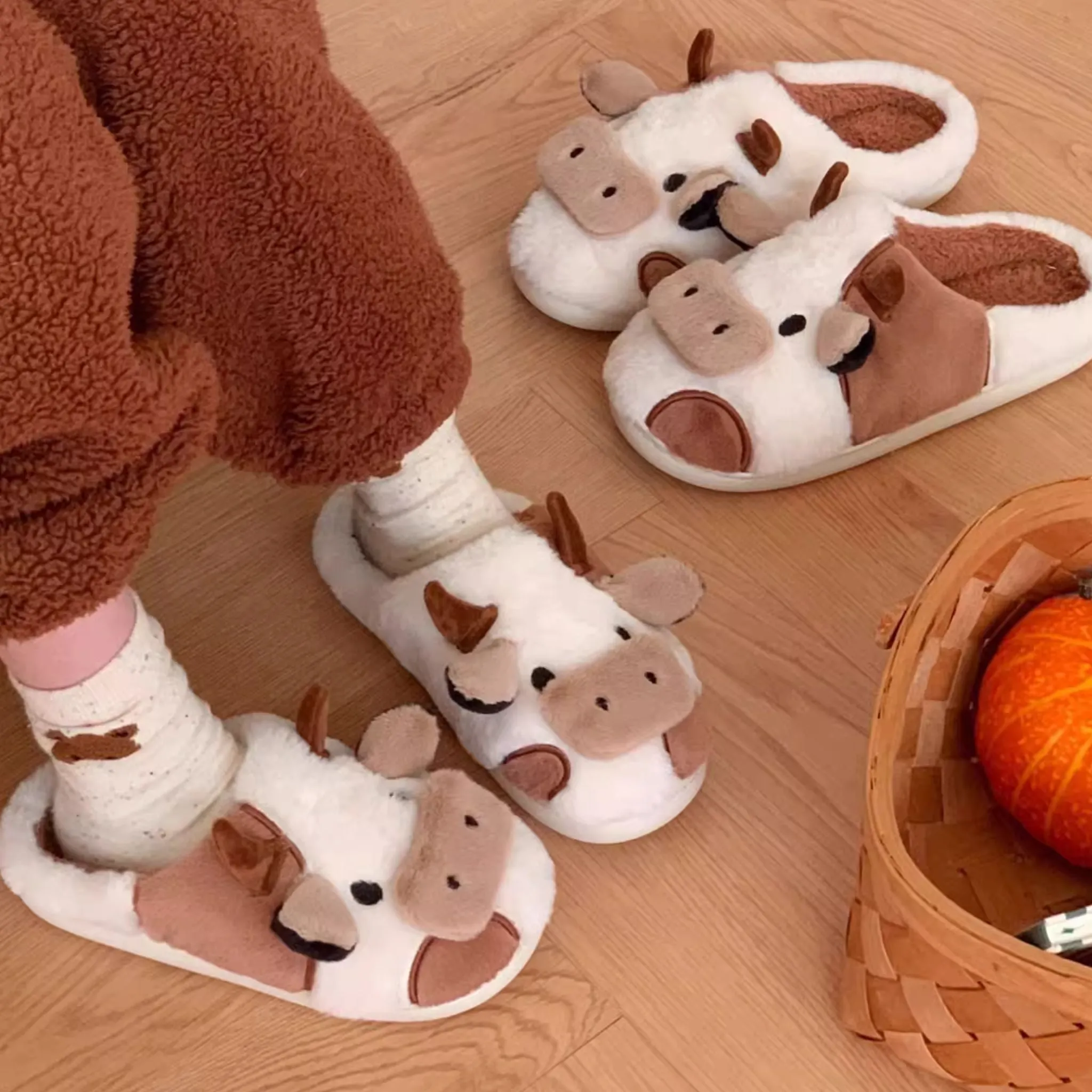 Brown Cow Fluffy Cute Lounge Slippers