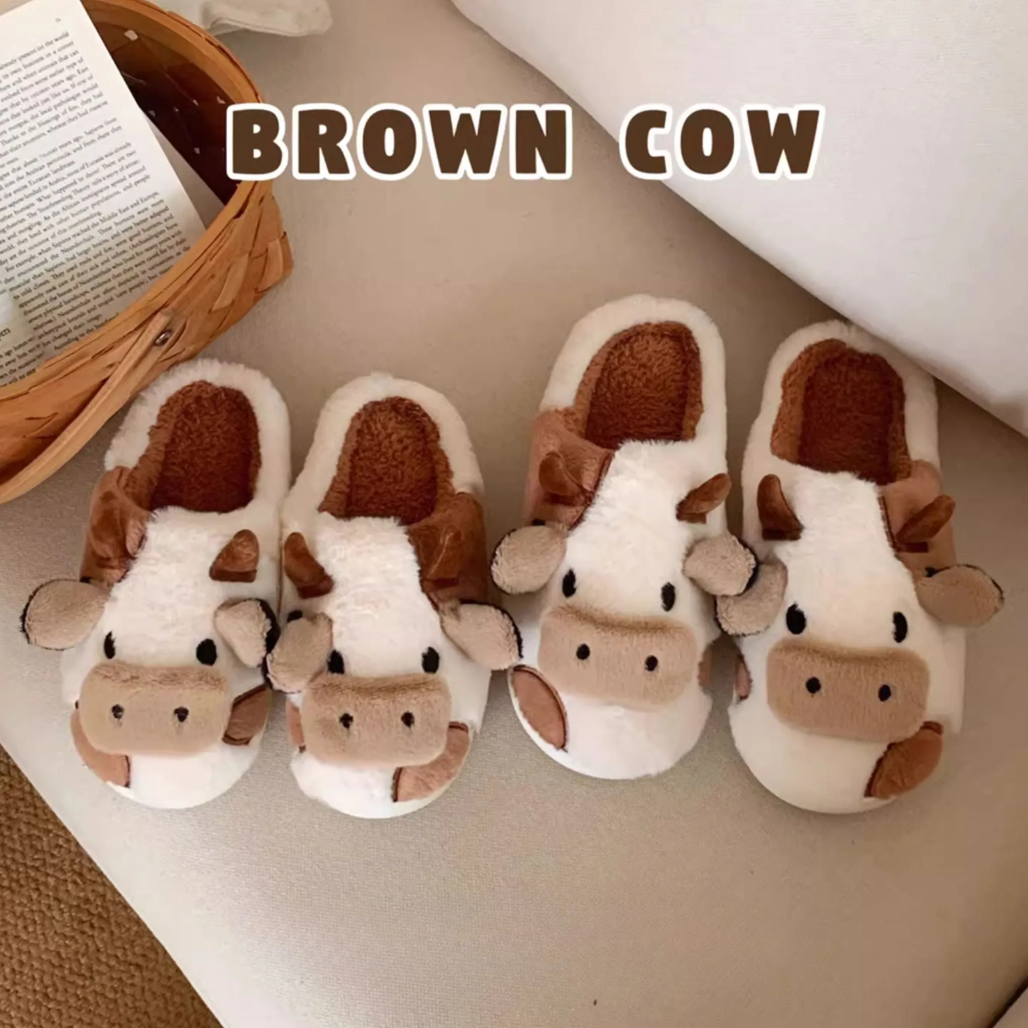 Brown Cow Fluffy Cute Lounge Slippers