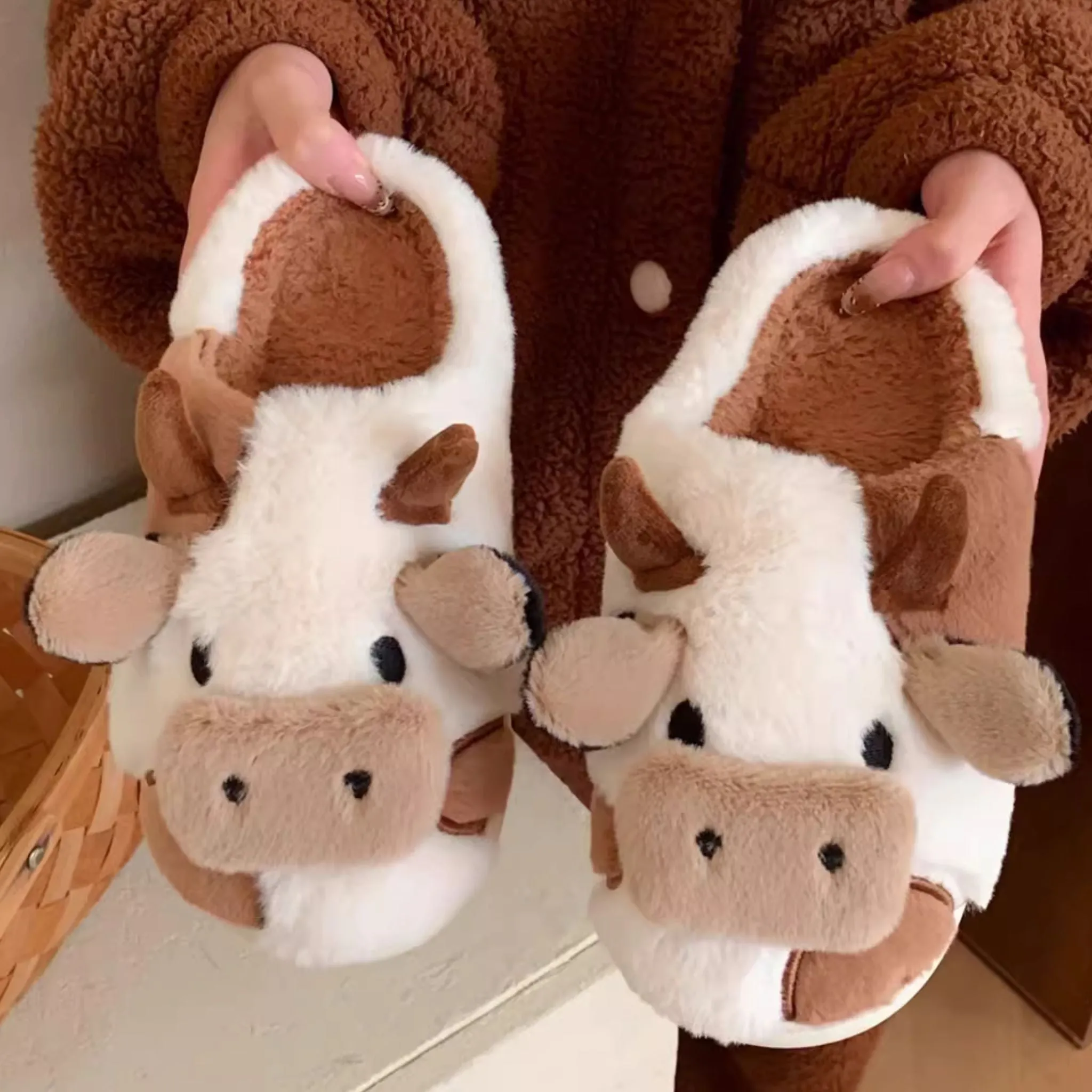 Brown Cow Fluffy Cute Lounge Slippers