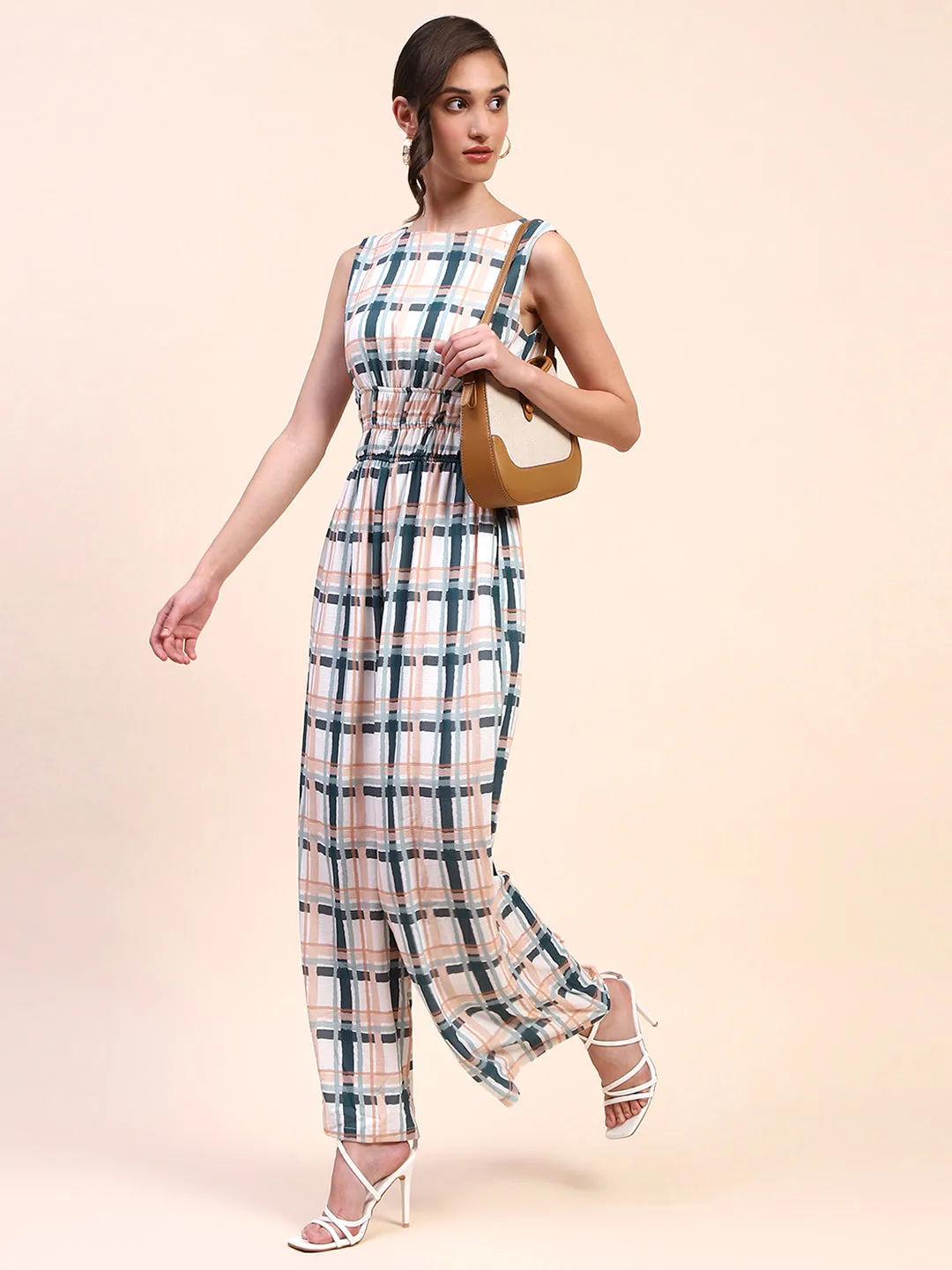 Camla Barcelona Checkered Cinch Waist Sleeveless Off White Jumpsuit