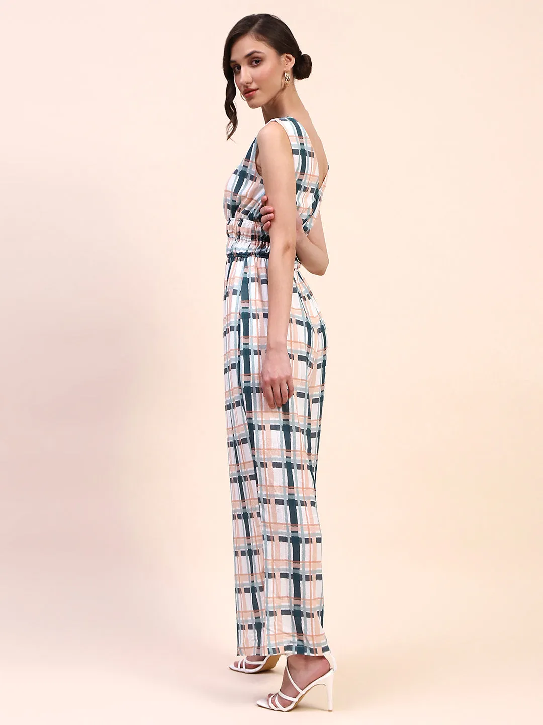 Camla Barcelona Checkered Cinch Waist Sleeveless Off White Jumpsuit