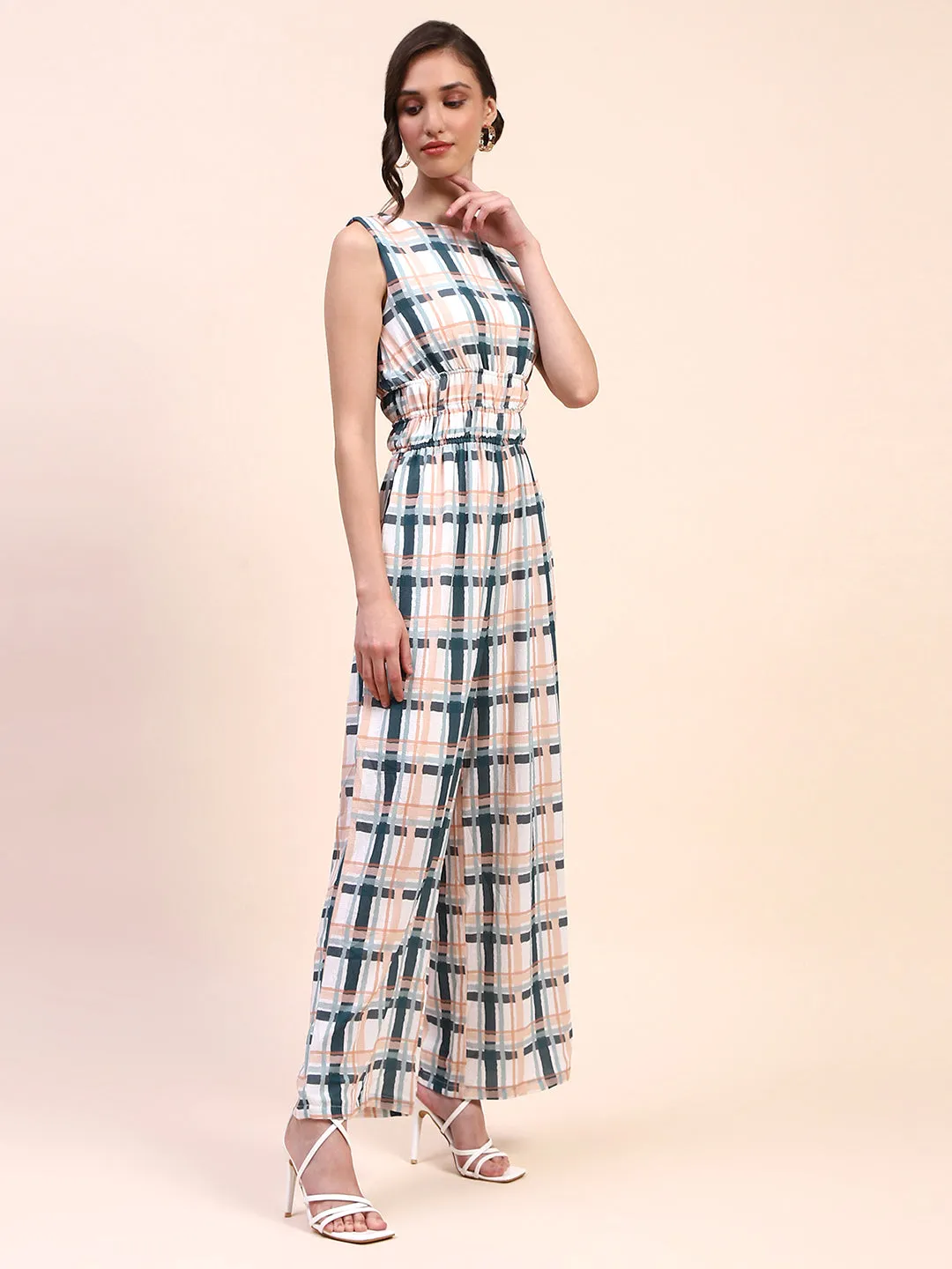 Camla Barcelona Checkered Cinch Waist Sleeveless Off White Jumpsuit
