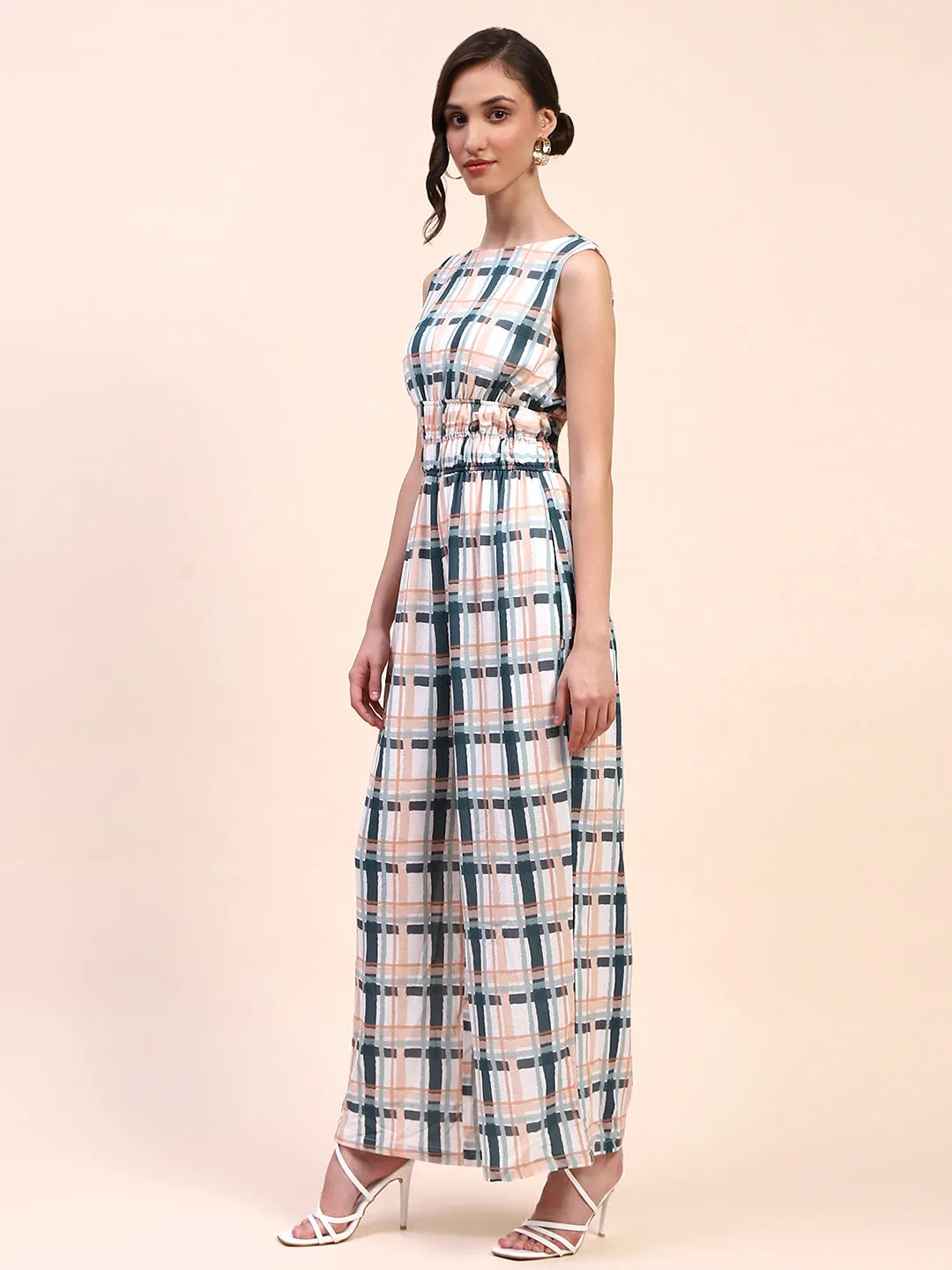 Camla Barcelona Checkered Cinch Waist Sleeveless Off White Jumpsuit