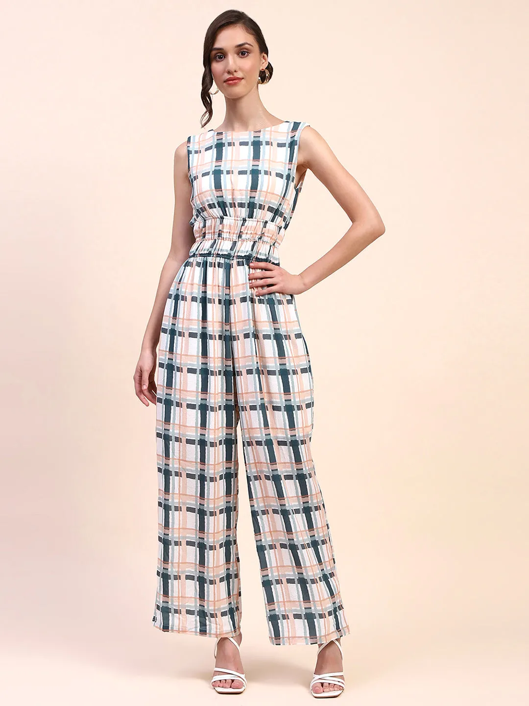 Camla Barcelona Checkered Cinch Waist Sleeveless Off White Jumpsuit