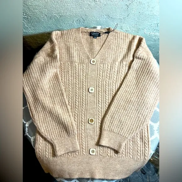Cashmere Oatmeal/Beige Vneck Sweater-pullover w faux button front details,cable