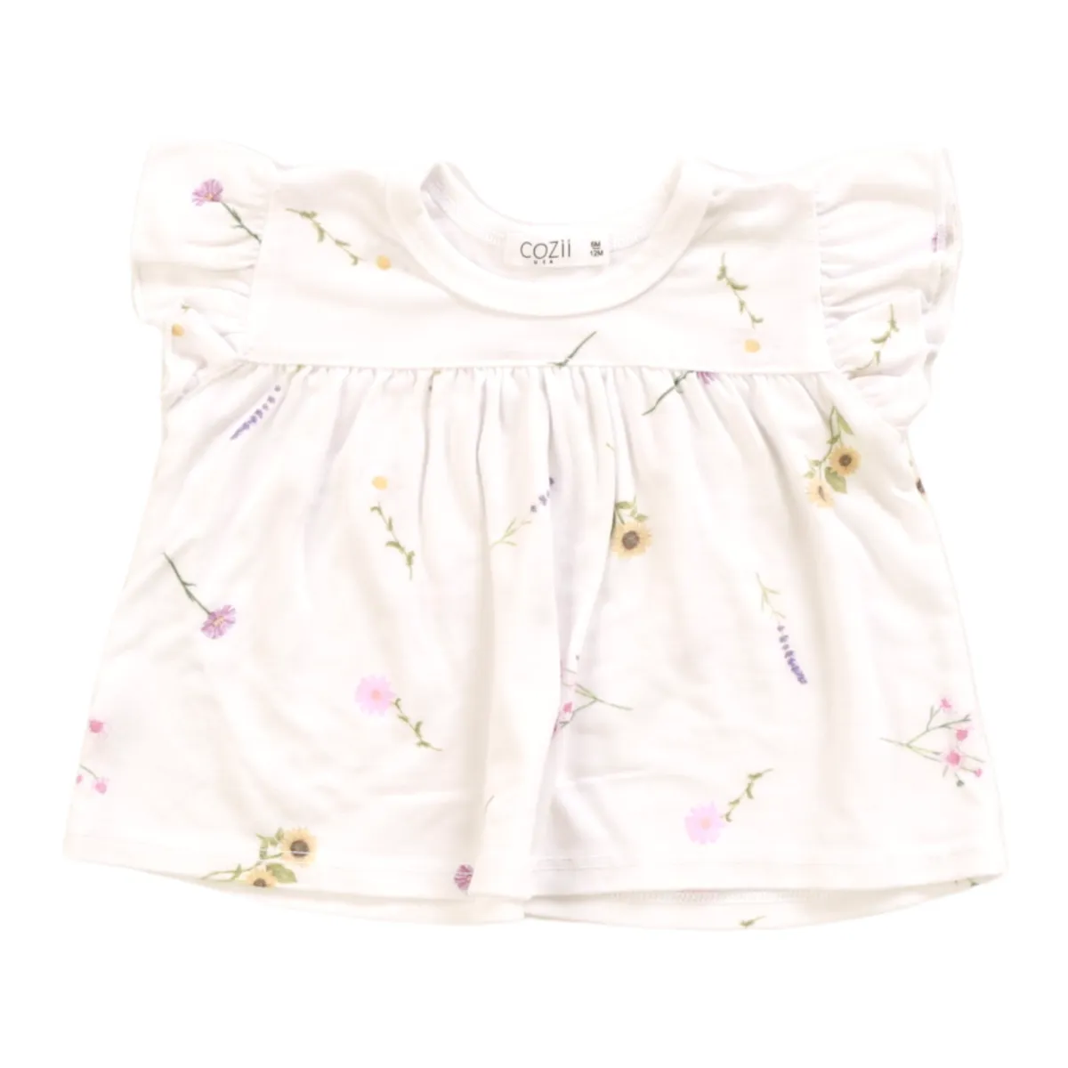 Cozii- Wild Flower Baby Doll Flutter Sleeve Top  (white)