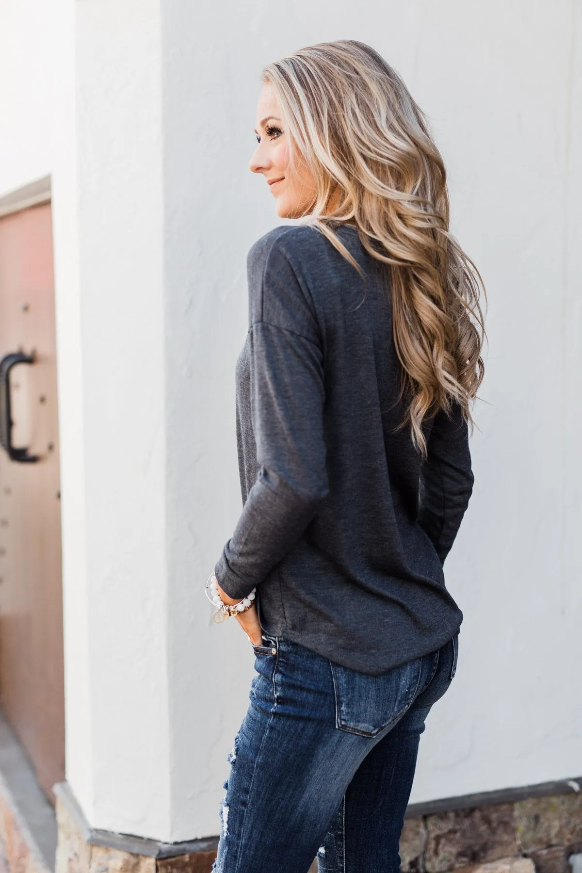 Cozy & Warm 4 Button Henley Top- Dark Grey