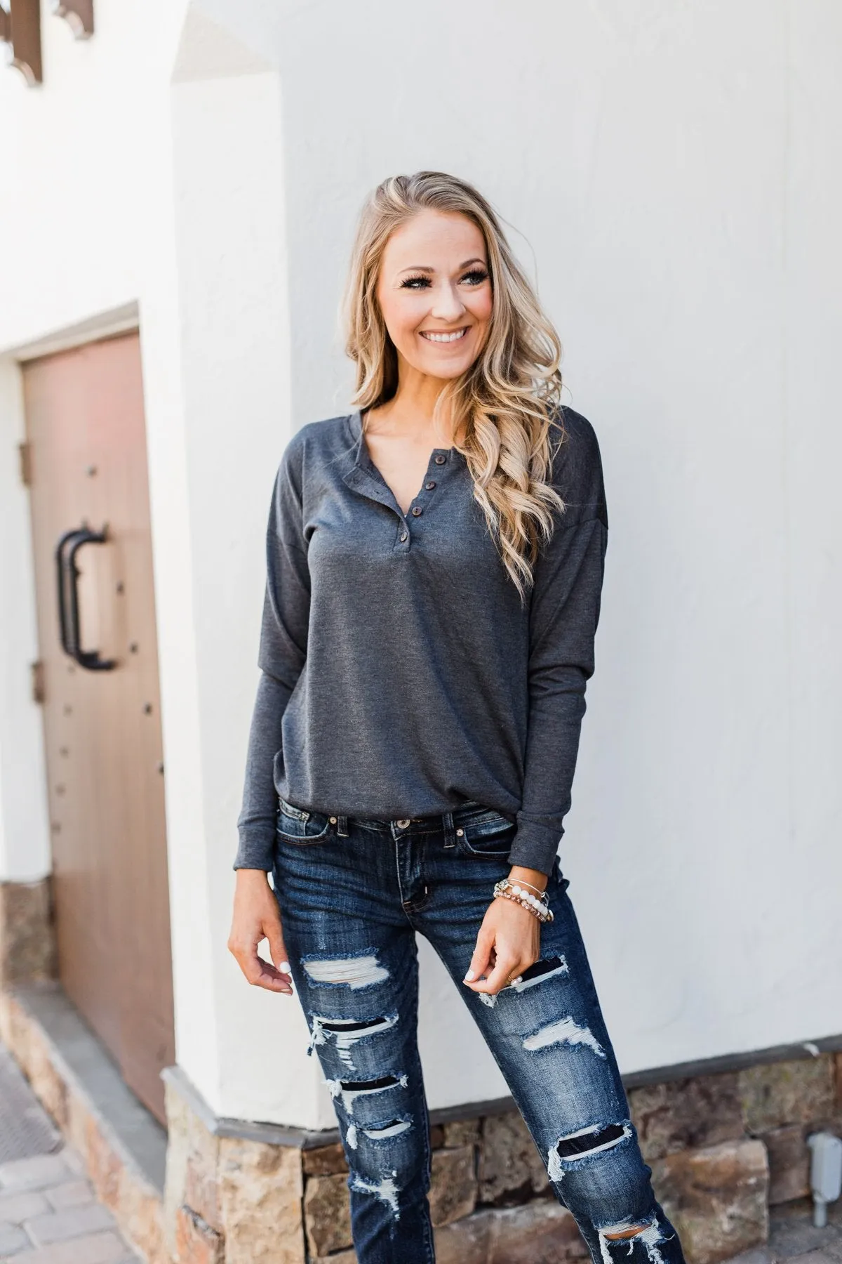 Cozy & Warm 4 Button Henley Top- Dark Grey
