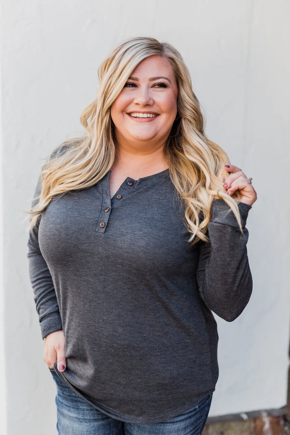 Cozy & Warm 4 Button Henley Top- Dark Grey