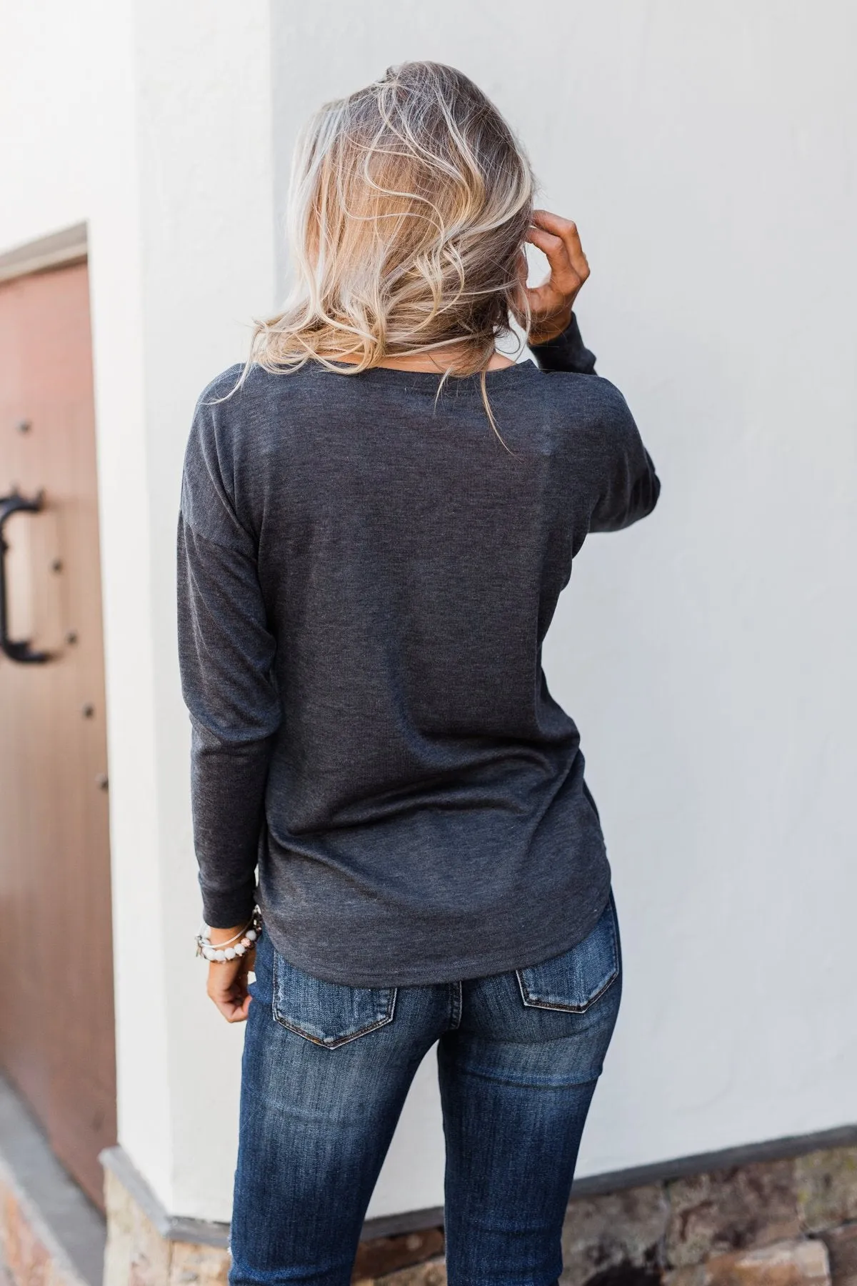 Cozy & Warm 4 Button Henley Top- Dark Grey