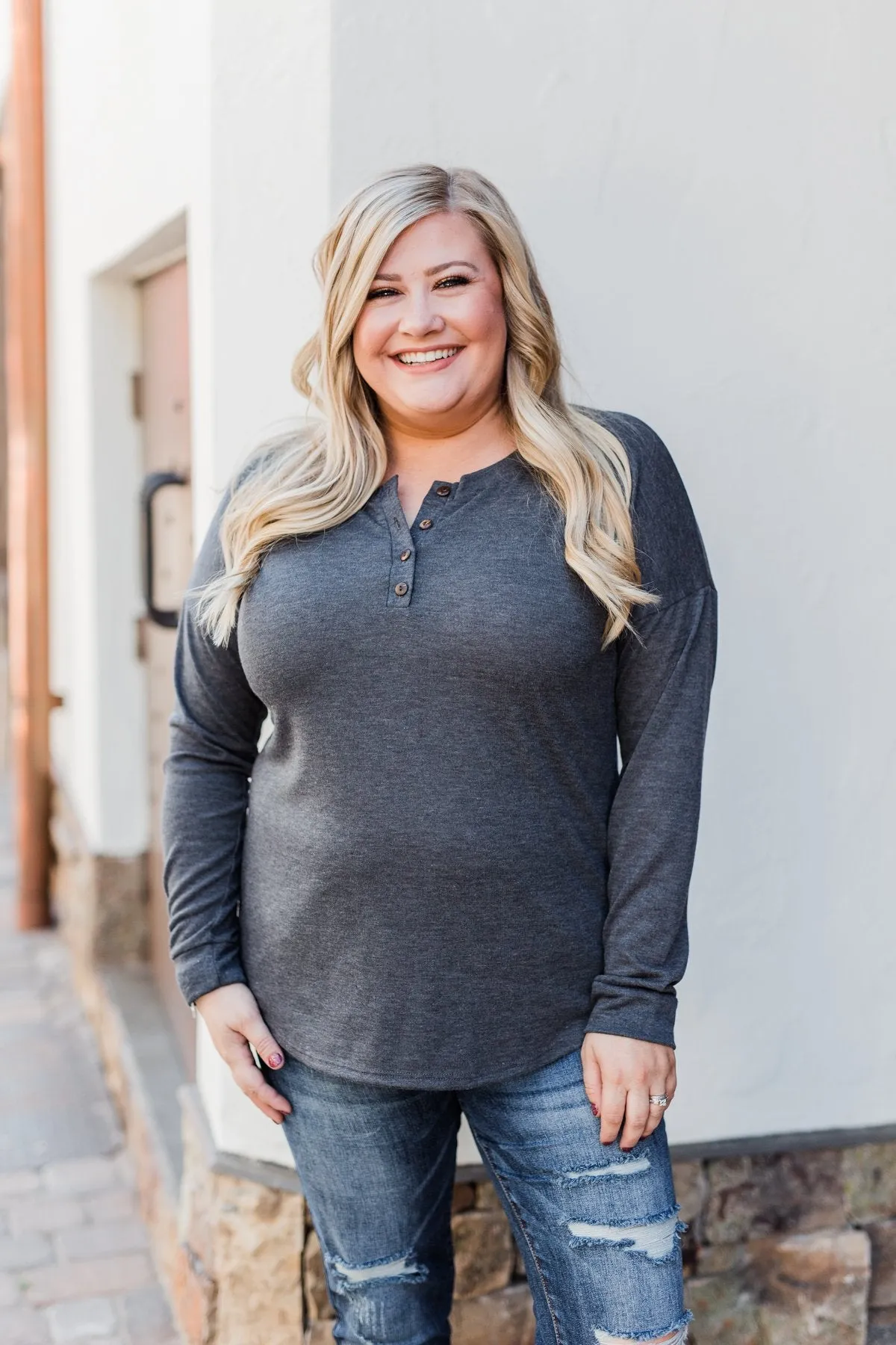 Cozy & Warm 4 Button Henley Top- Dark Grey