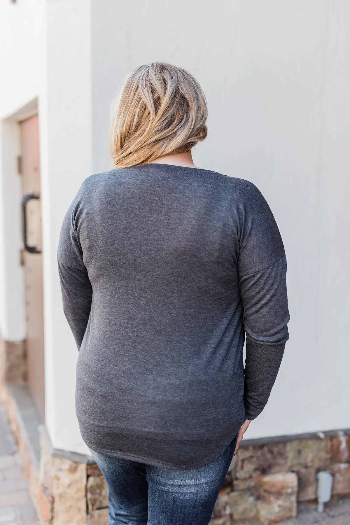Cozy & Warm 4 Button Henley Top- Dark Grey