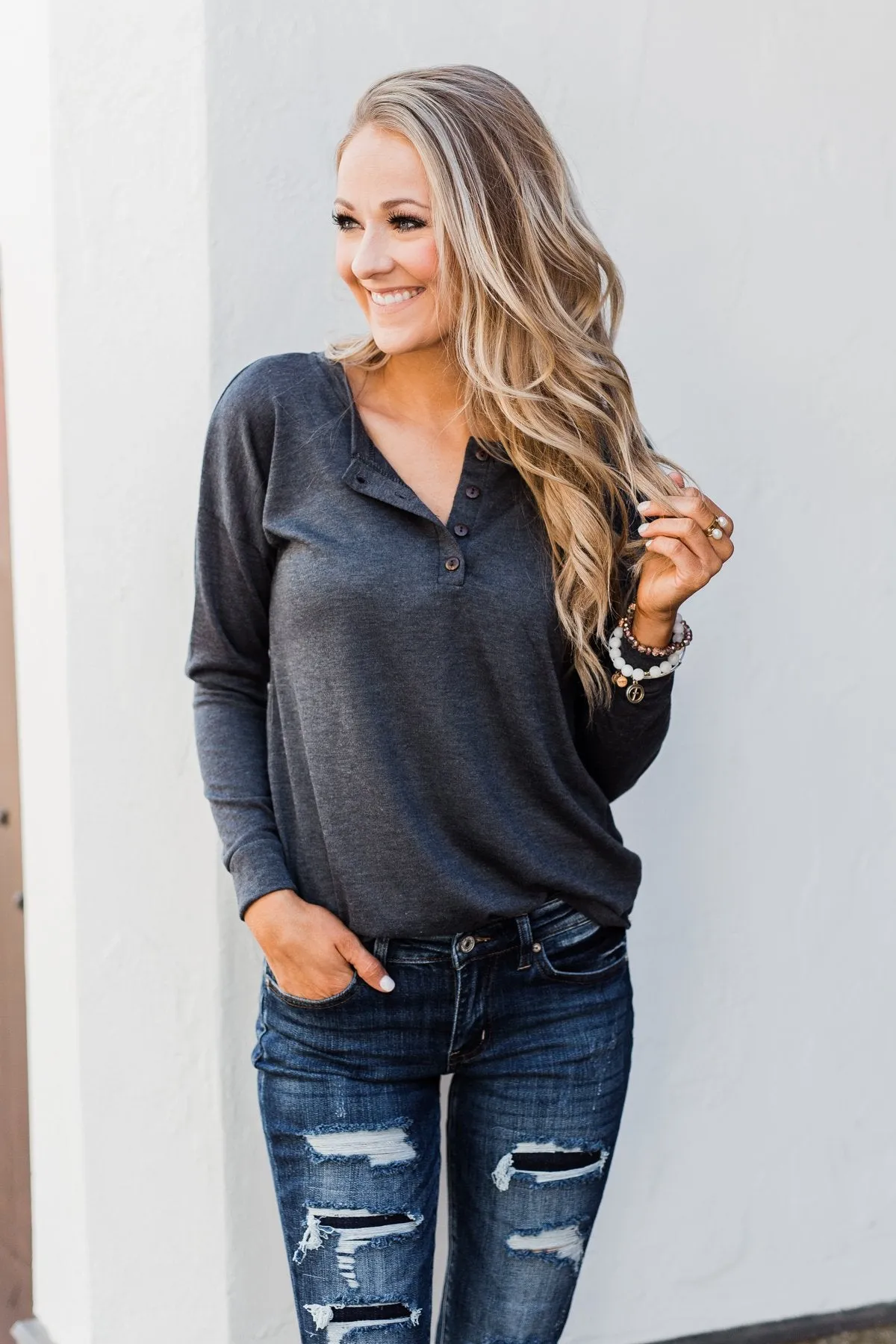 Cozy & Warm 4 Button Henley Top- Dark Grey