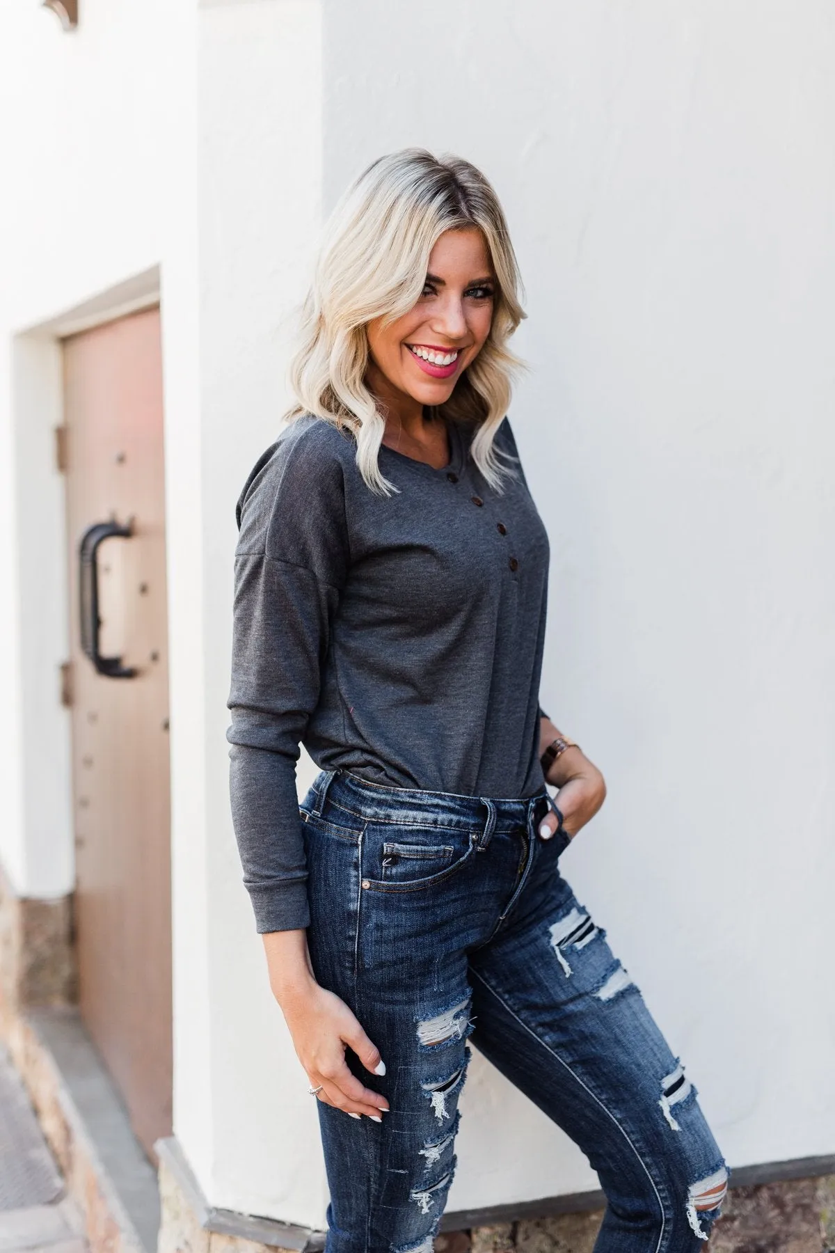 Cozy & Warm 4 Button Henley Top- Dark Grey