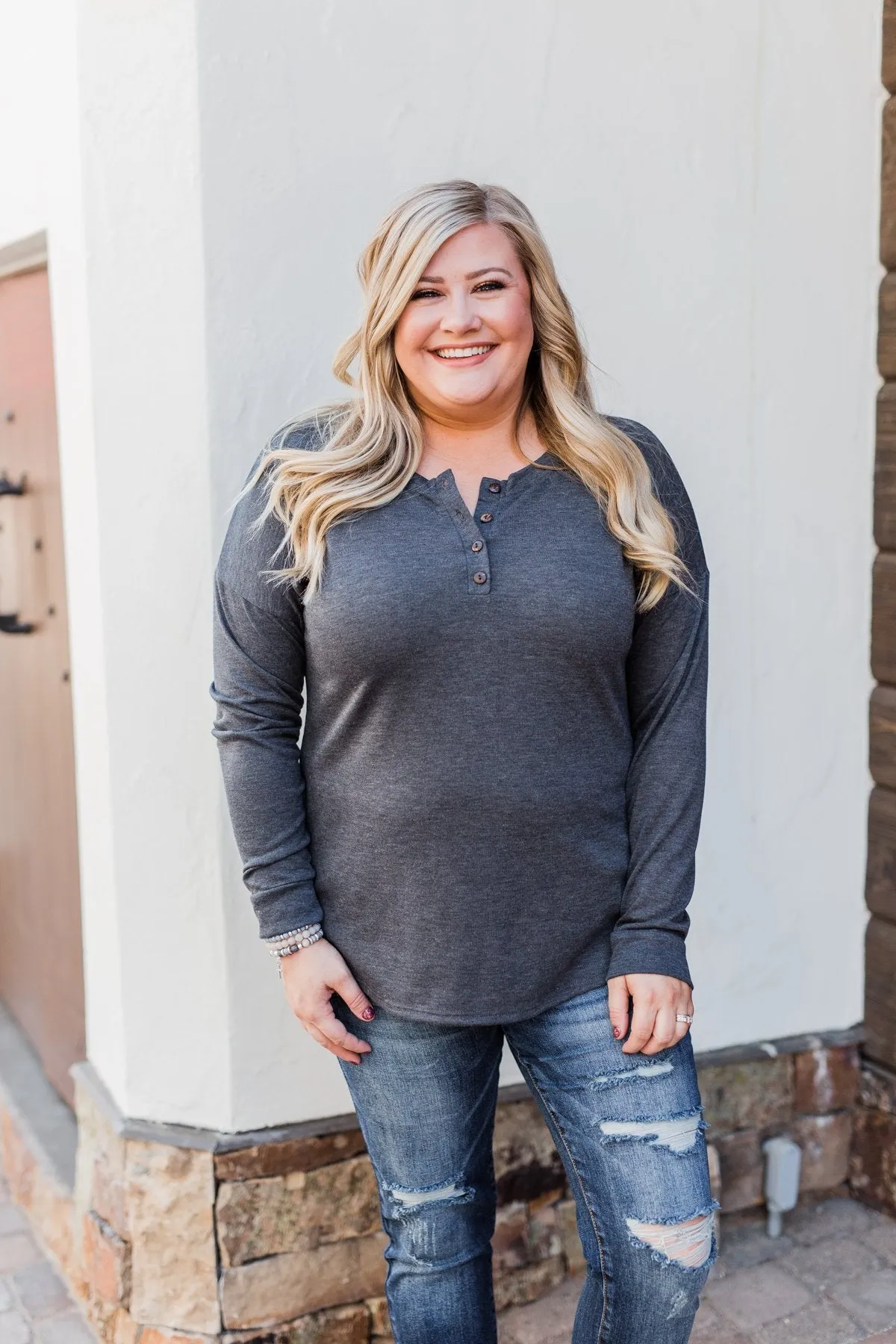 Cozy & Warm 4 Button Henley Top- Dark Grey
