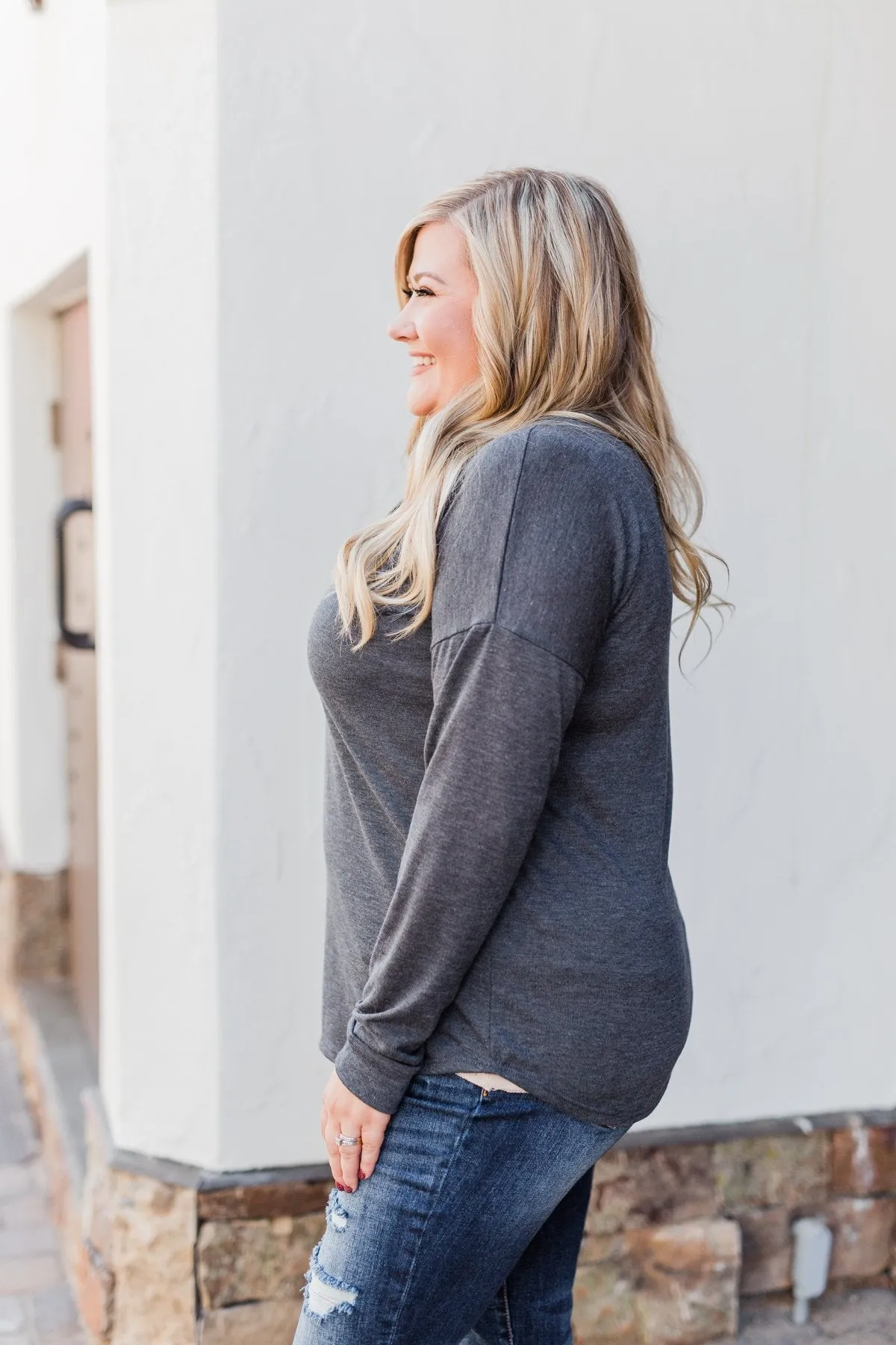 Cozy & Warm 4 Button Henley Top- Dark Grey