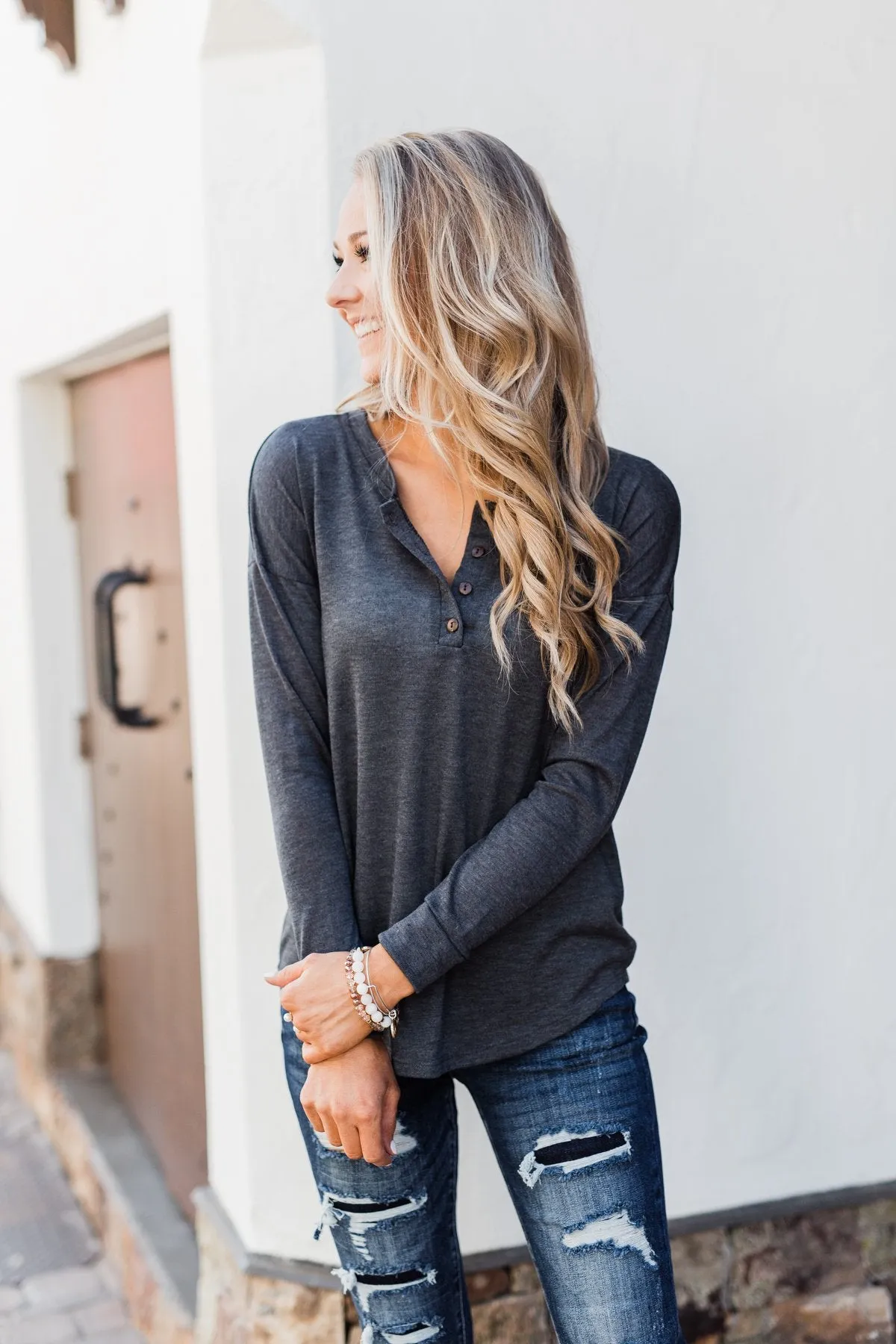 Cozy & Warm 4 Button Henley Top- Dark Grey