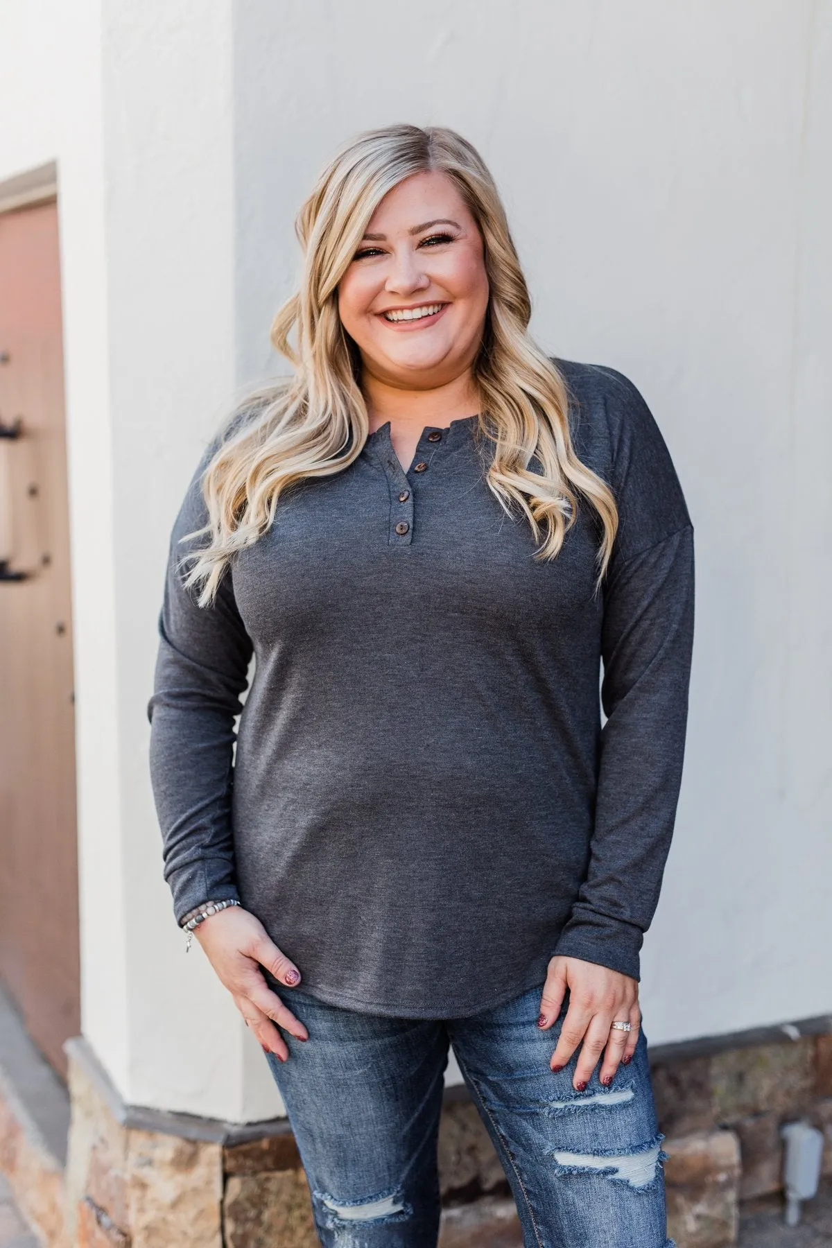 Cozy & Warm 4 Button Henley Top- Dark Grey