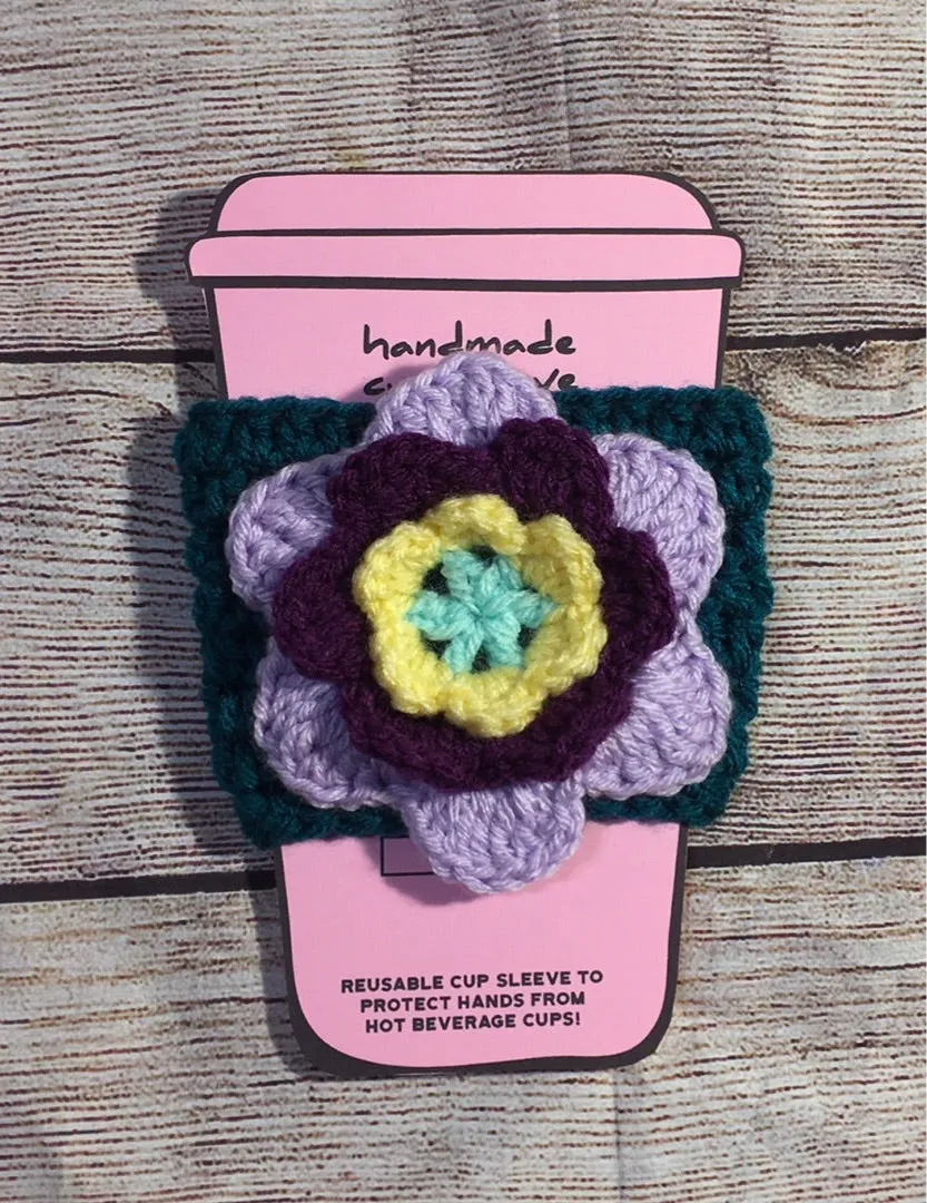 Crochet Cup Sleeve (Flower Appliqué)