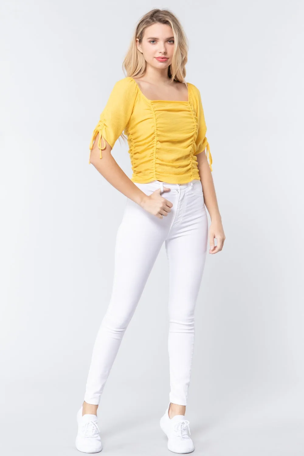 Elbow Slv Smocked Ruched Woven Top