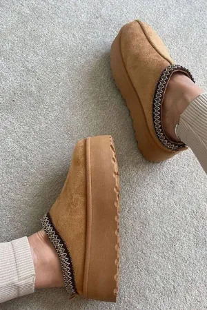 FAUX FUR PLATFOM SLIPPERS COZY FLUFFY ANKLE BOOTS: CHESTNUT / Standard / UK6/US8