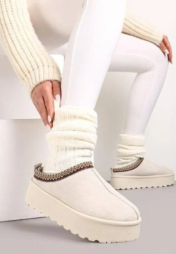FAUX FUR PLATFOM SLIPPERS COZY FLUFFY ANKLE BOOTS: CHESTNUT / Standard / UK6/US8