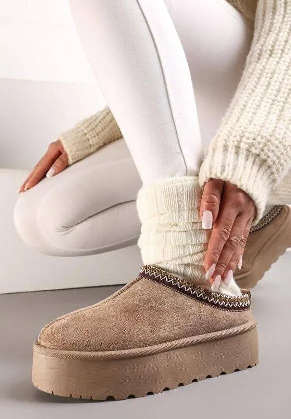 FAUX FUR PLATFOM SLIPPERS COZY FLUFFY ANKLE BOOTS: CHESTNUT / Standard / UK6/US8