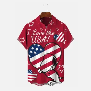 Flag Cartoon Love Button Pocket Casual Short Sleeve Shirt