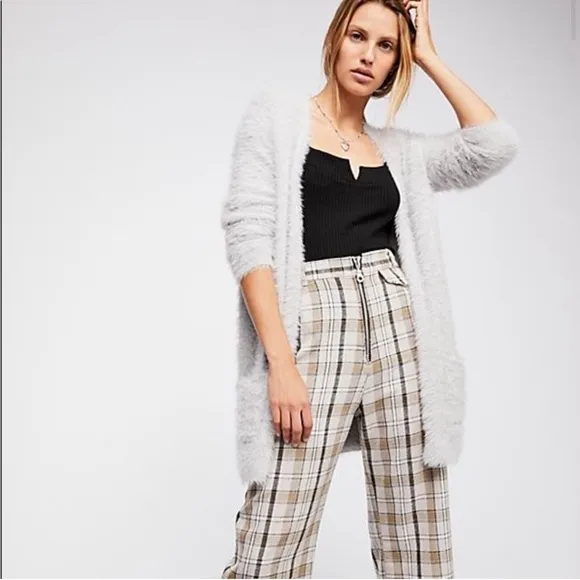 Free People Cozy Faux Fur Cardigan Sweater in Silver Cloud size Small, like new