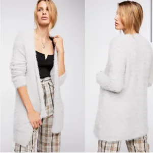 Free People Cozy Faux Fur Cardigan Sweater in Silver Cloud size Small, like new