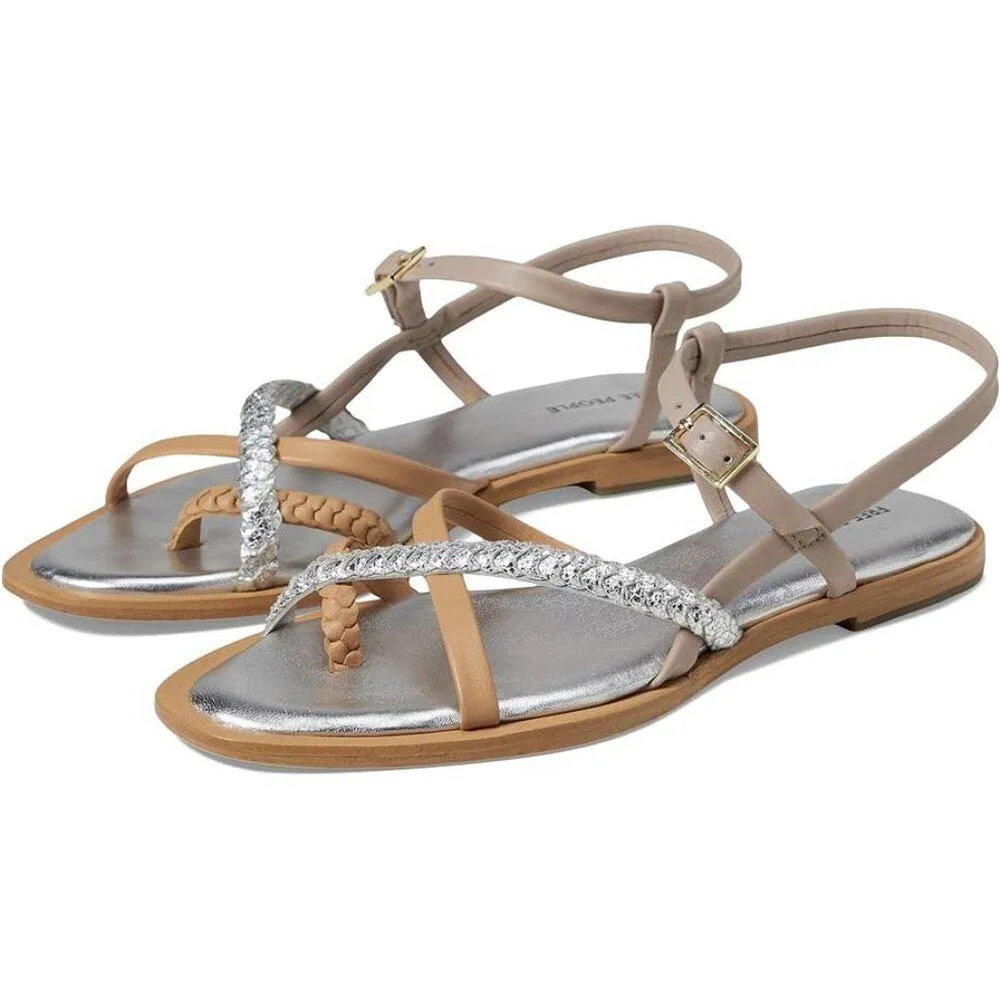 Free People Sandals Sunny Days Tan Silver Strappy Braided Flats
