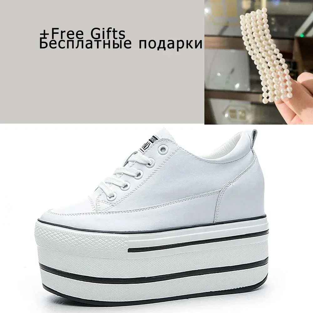 Fujin 10.5cm High Thick Heel Platform Flats Women Casual Shoes Genuine Leather Soft Quality Casual Shoe Sneakers White Black