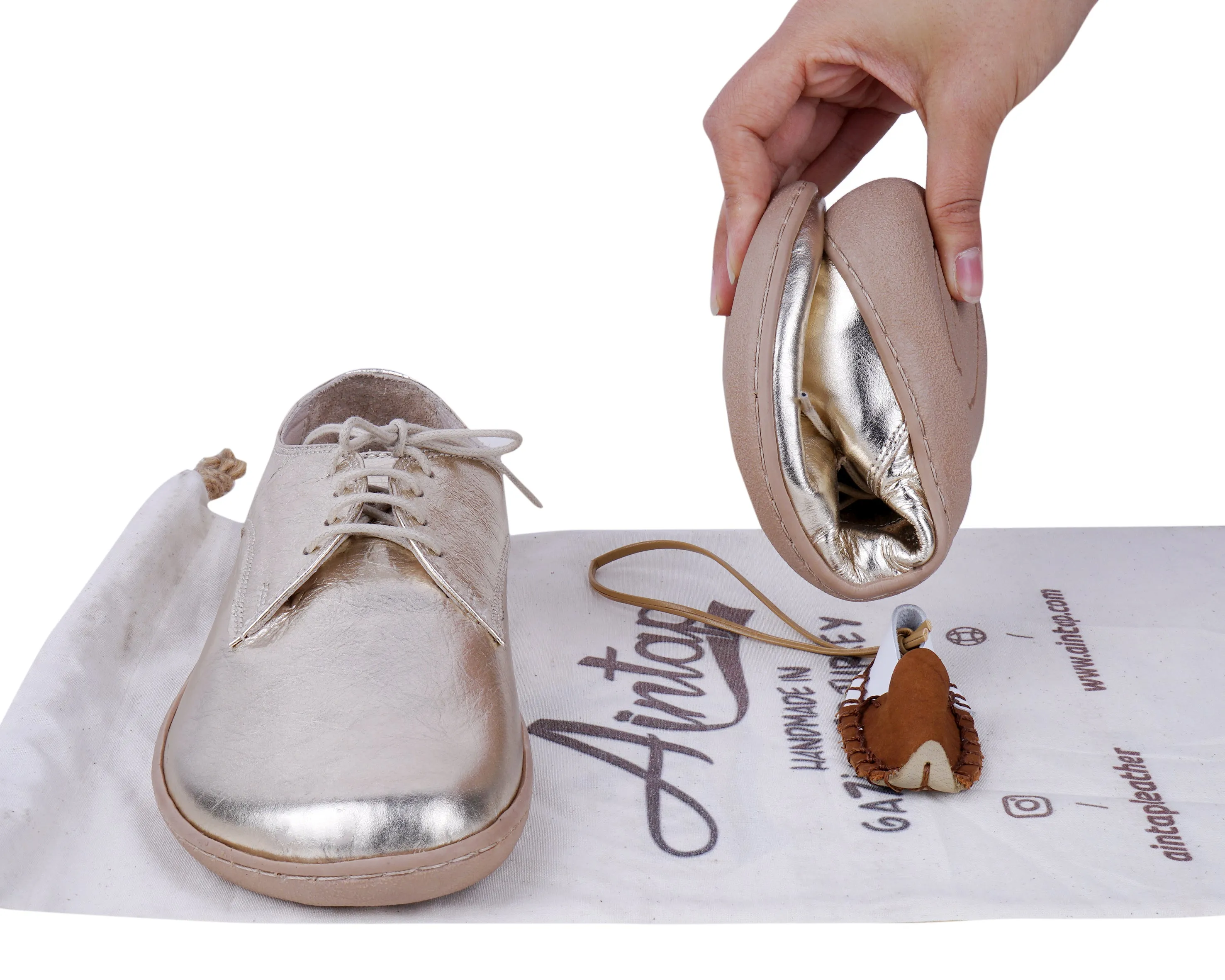 Gold Oxford Wide Barefoot Shoes Smooth Leather Handmade 6mm Rubber Outsole