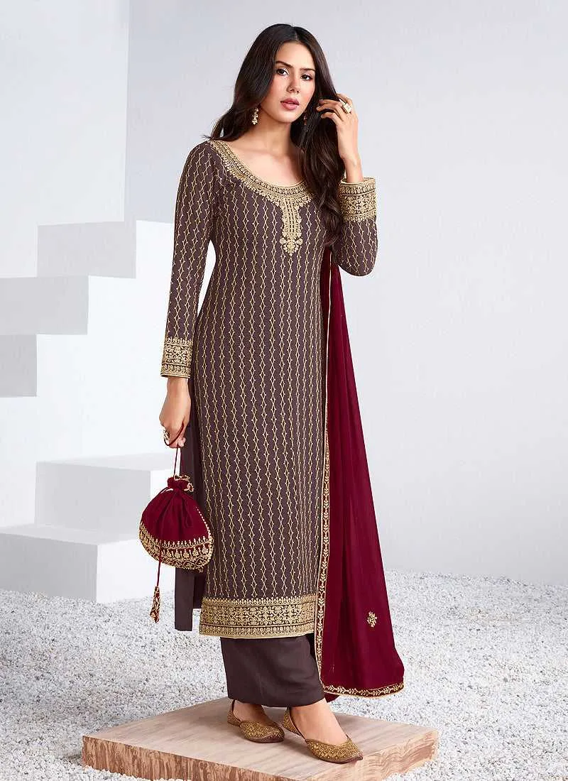Grey and Maroon Embroidered Stylish Pant Suit