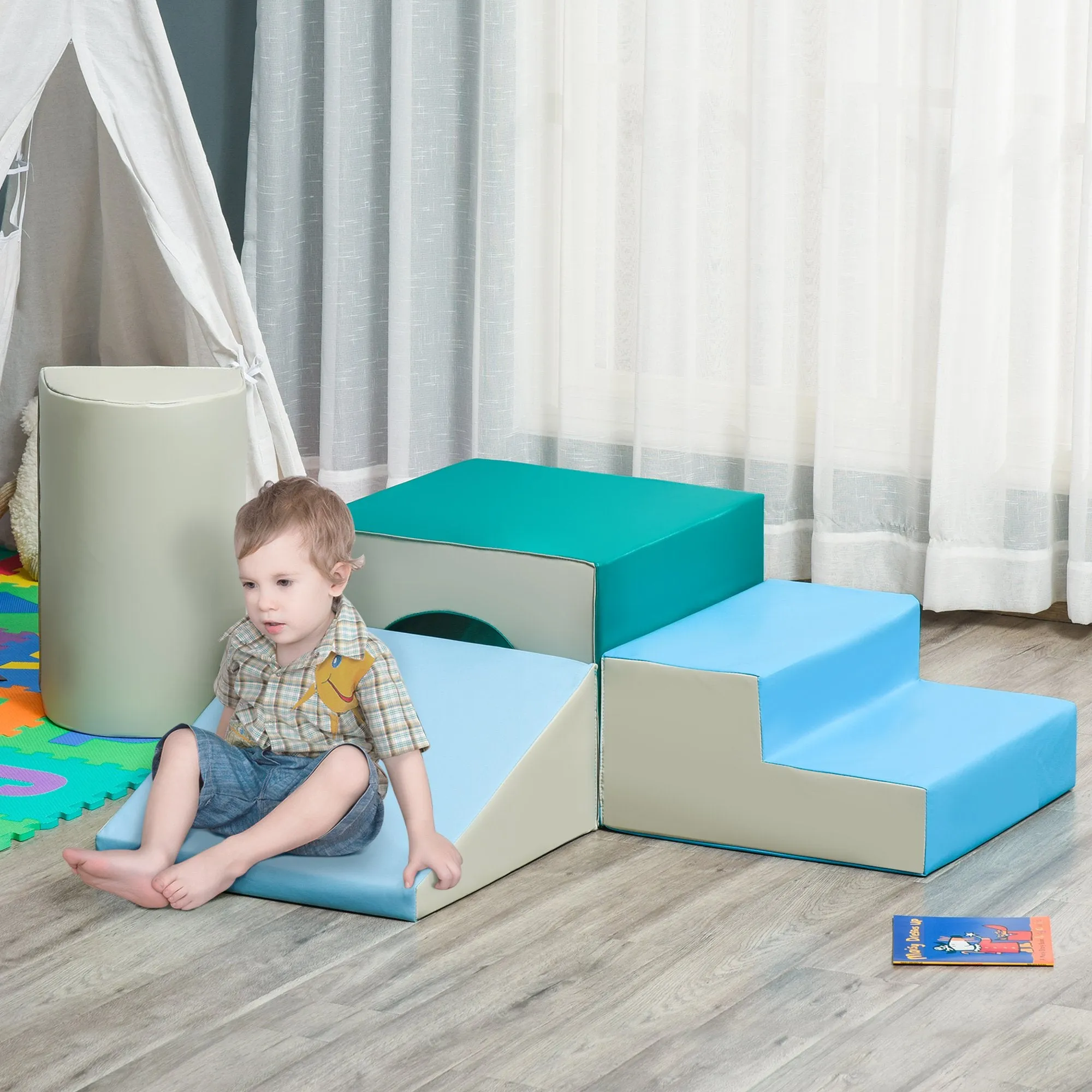 Indoor Soft Play Equipment | Montessori 4 Piece Foam Play Set | Soft Play Slide and Tunnel | 1-3 years