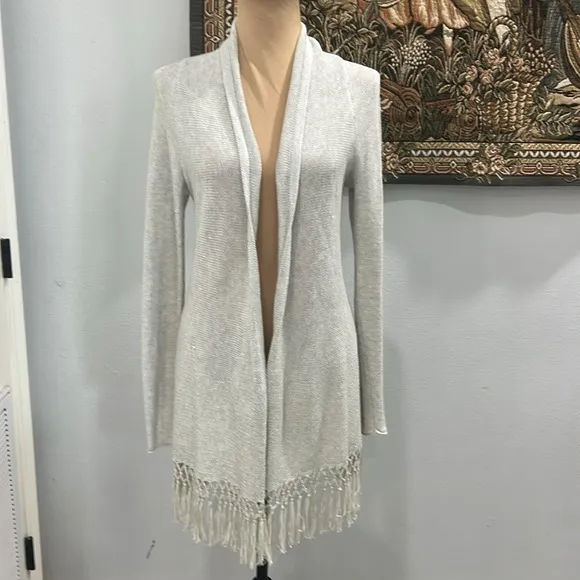 Lily Pulitzer Tatum Elegant Sparkly Gray with Fringe Open Cardigan. Size XS