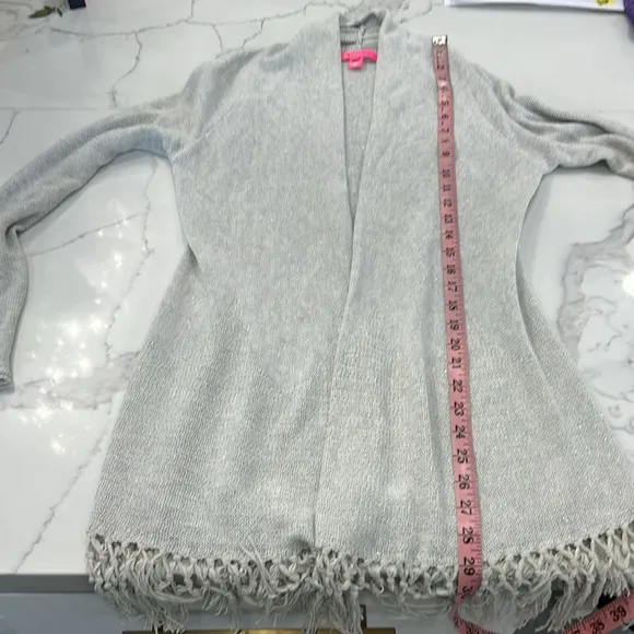 Lily Pulitzer Tatum Elegant Sparkly Gray with Fringe Open Cardigan. Size XS