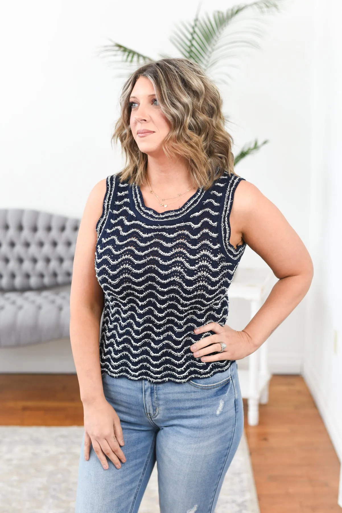 Lydia Wavy Sleeveless Knit Sweater