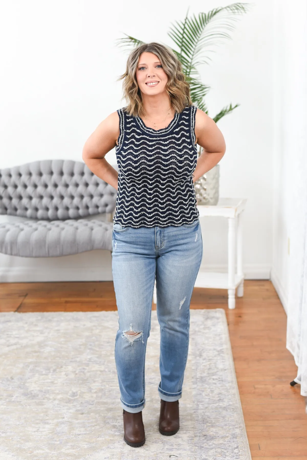 Lydia Wavy Sleeveless Knit Sweater